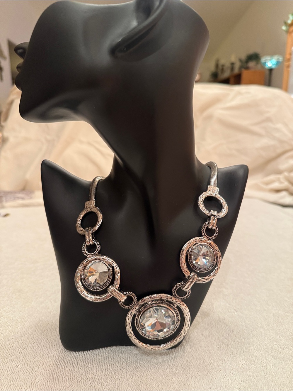 Silver Hammered and Crystal Statement Necklace